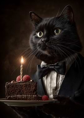 Black Cat in Tuxedo with Birthday Cake