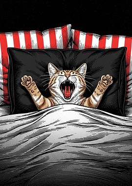 Cat Yawning in Bed
