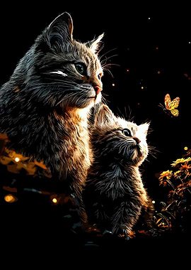 Mother and Kitten Cats Watching Butterfly
