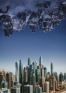 Surreal Cityscape and Mountains