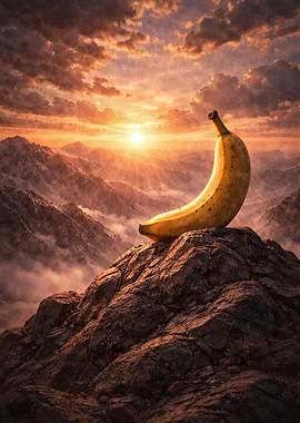 Meme Absurd Banana on a Mountain Peak at Sunset