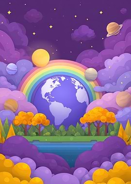 Whimsical Space Landscape with Earth and Rainbow