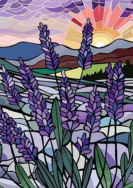 Stained Glass Lavender Field at Sunset