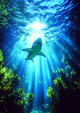 Shark swimming in sunlit ocean depths