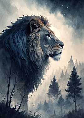 Majestic Lion in Misty Forest