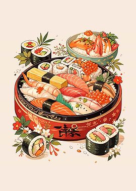 Vibrant Sushi Platter with Floral Accents