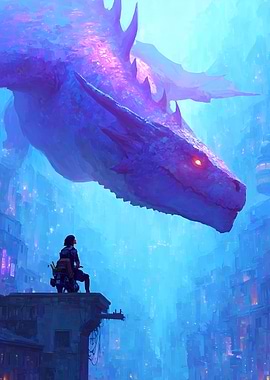 Dragon over a futuristic city