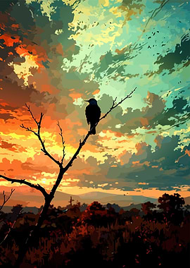 Bird on a branch at sunset