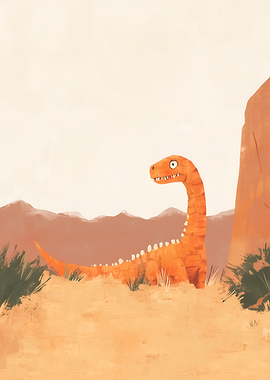 Cute Orange Dinosaur in Desert Landscape