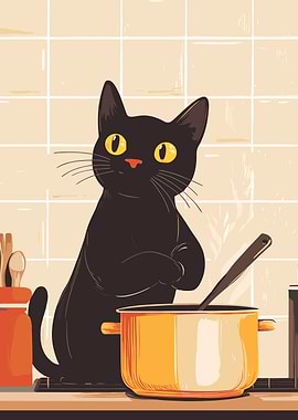 Black Cat Cooking in Kitchen