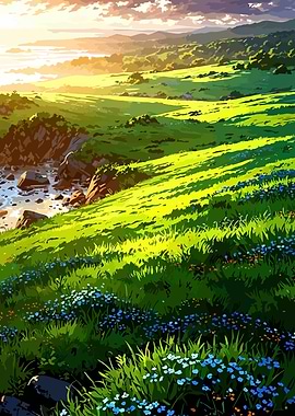 Serene Coastal Meadow at Sunrise