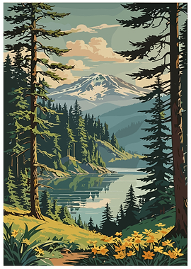 Mountain Lake Landscape with Pine Trees