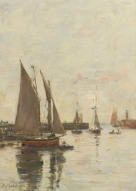 Boats in a Harbor at Dusk
