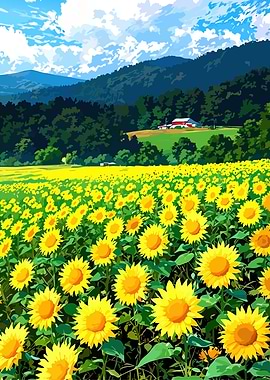 Vast Sunflower Field with Farm and Mountains
