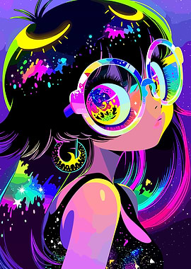 Cosmic Girl with Colorful Glasses