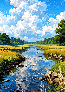 Serene River Landscape with Clouds