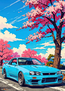 Blue Nissan Skyline R34 with Cherry Blossoms