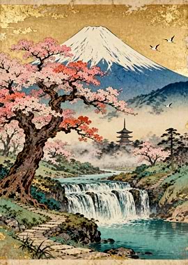 Mount Fuji with Cherry Blossoms and Waterfall
