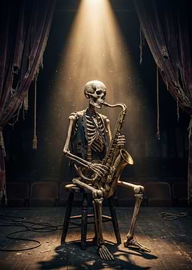 Skeleton playing saxophone on stage