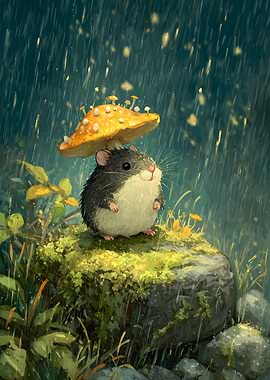 Cute Hamster Under Mushroom Umbrella in Rain
