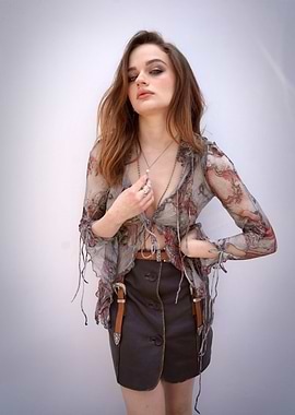 Joey King in Sheer Blouse and Leather Skirt