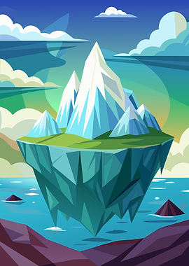 Floating Island with Snow-Capped Mountains