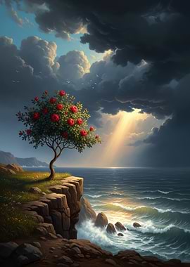 Rose Tree on Cliff Overlooking Ocean