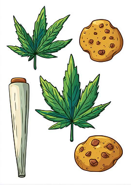 Cannabis Leaves, Cookie, and Joint