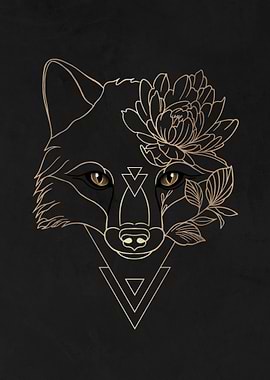 Golden Fox with Flower and Geometric Shapes
