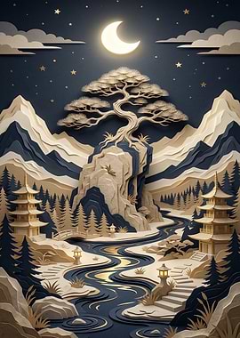 Serene Japanese Landscape Under a Crescent Moon