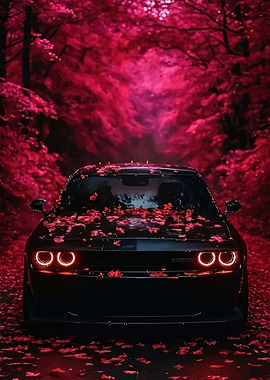 Black Dodge Challenger in Red Forest