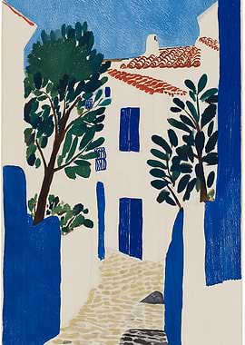 Mediterranean Street Scene with Blue Accents