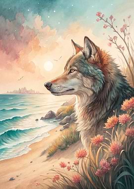 Wolf by the Sea at Sunset