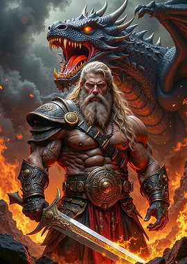 Viking Warrior and Dragon in Fiery Landscape