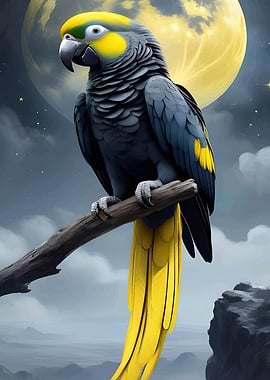 Parrot on a branch under the moon