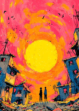 Two figures stand before a fiery sunset