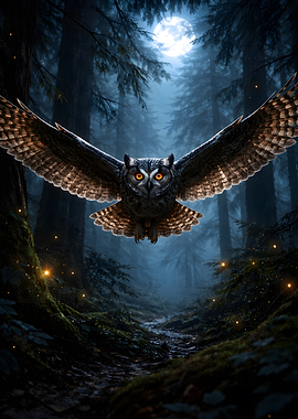 Night Owl flying in a moonlit forest