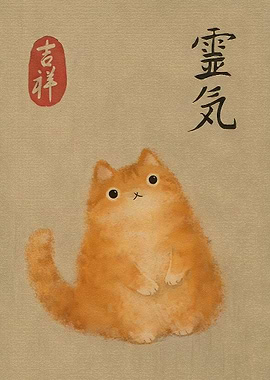 Cute Orange Cat with Japanese Calligraphy
