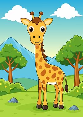 Cute Cartoon Giraffe in Nature