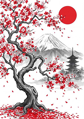 Japanese Cherry Blossom Tree with Mount Fuji