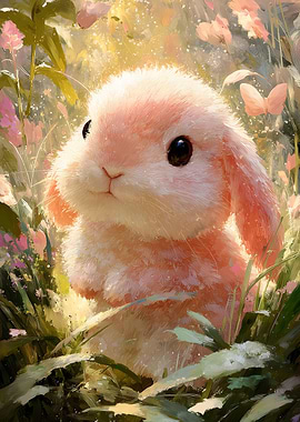 Cute Pink Bunny in a Floral Meadow