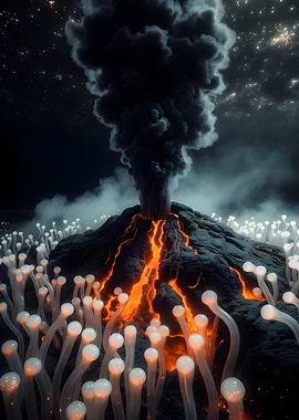 Volcano Eruption with Bioluminescent Flora