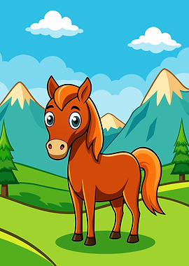 Cartoon Horse in a Mountain Landscape