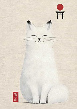 White Cat with Japanese Torii Gate