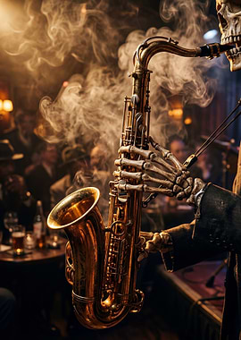Skeleton playing saxophone in smoky bar