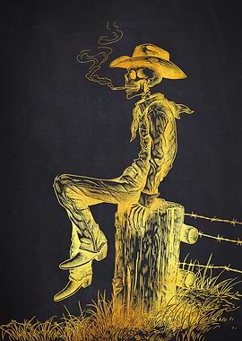 Skeleton Cowboy Smoking on Fence Post