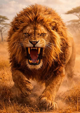 Fierce Lion Roaring in Savannah