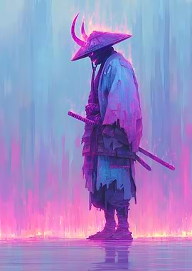Cyberpunk Samurai with Fiery Horns