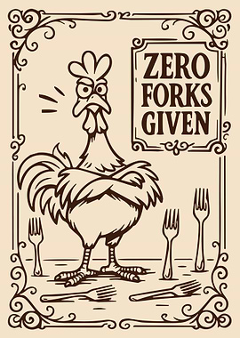 Zero Forks Given Rooster Poster, Funny Chicken Humor Wall Art, Vintage Sarcastic Print