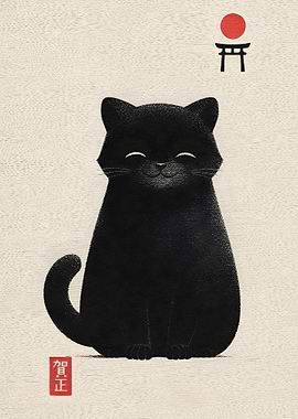 Black Cat with Japanese Torii Gate